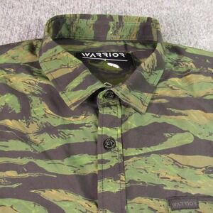 Retro Rifle Warrior Button Down Shirt Men XL Green Tiger Stripe Camo Stretch